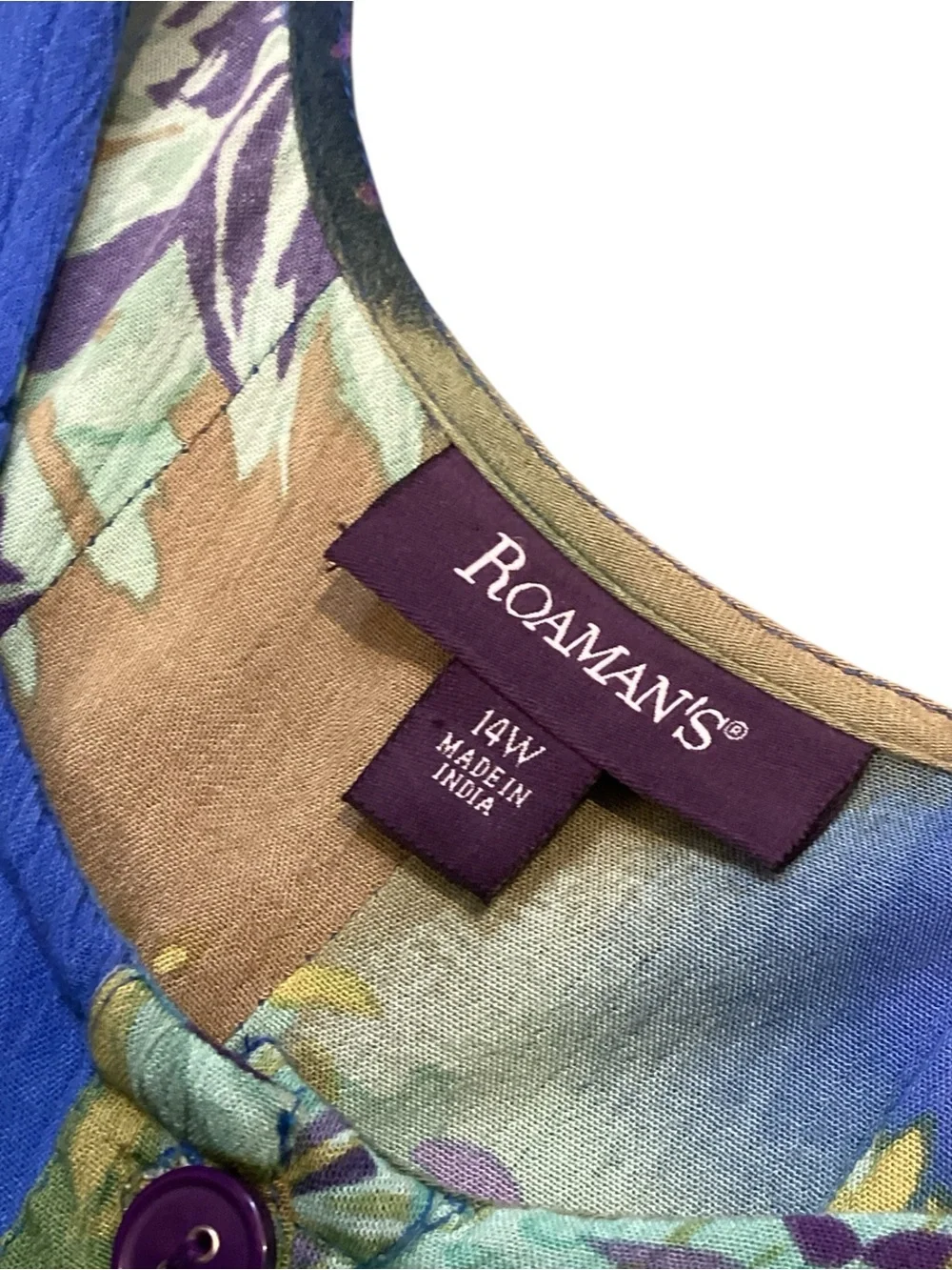 Roaman’s 14W Blue Floral Rayon Blouse Boho Artsy Button Front Top‎ Crinkle Gauze